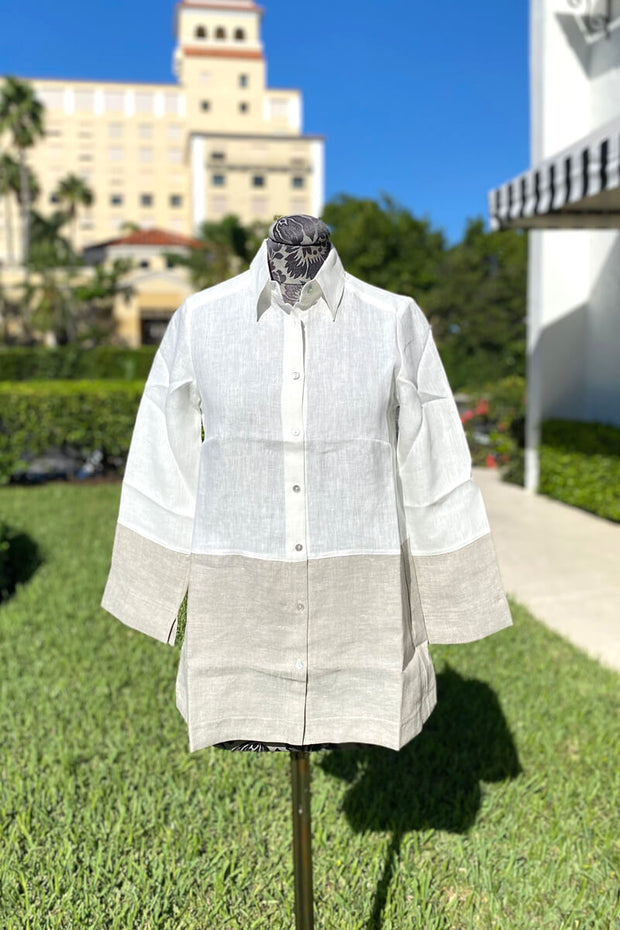 White and Natural Linen Blouse available at Mildred Hoit in Palm Beach.