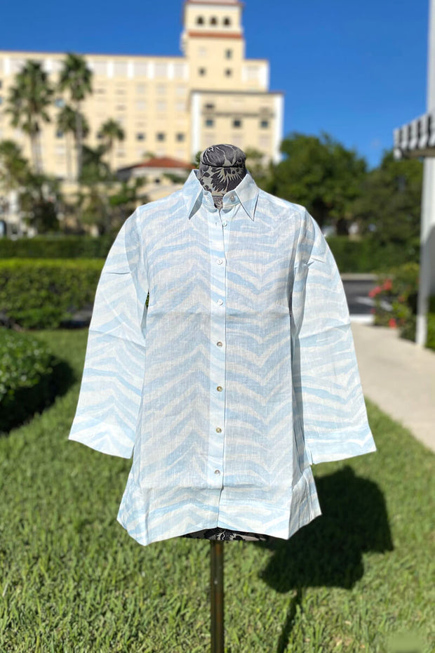 Zebra Print Linen Blouse in Baby Blue available at Mildred Hoit in Palm Beach.