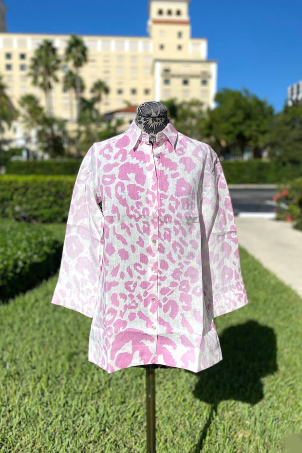 Pink Leopard Print Linen Blouse available at Mildred Hoit in Palm Beach.