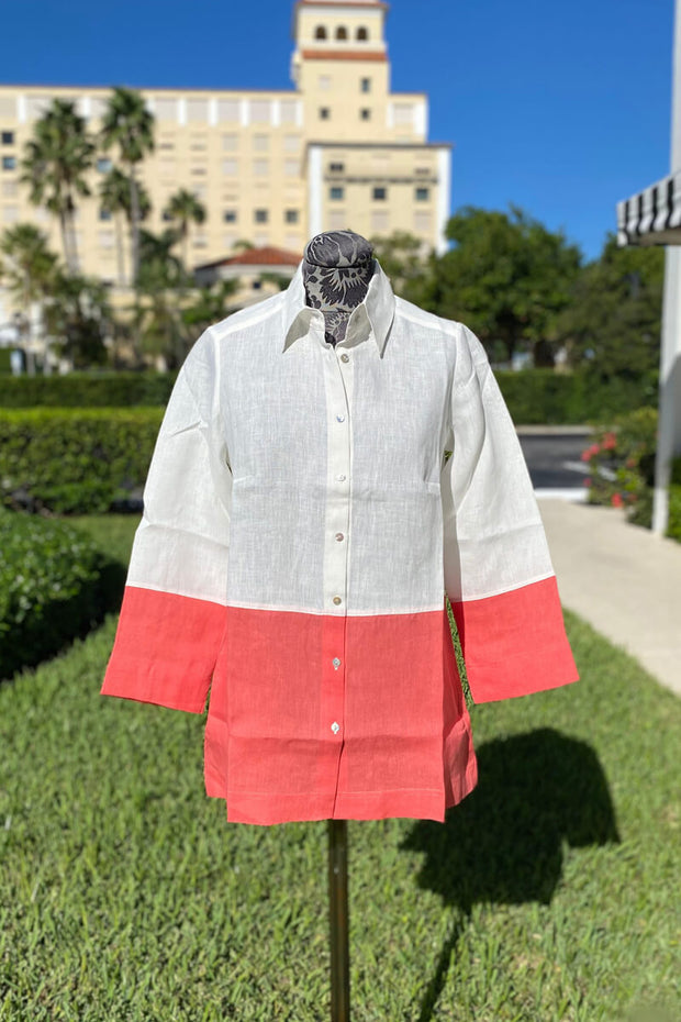 White and Coral Linen Button Down Blouse available at Mildred Hoit in Palm Beach.