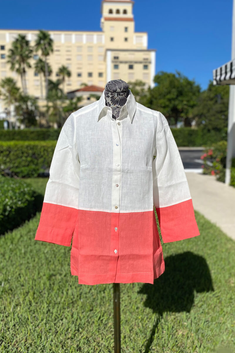 White and Coral Linen Button Down Blouse - Mildred Hoit