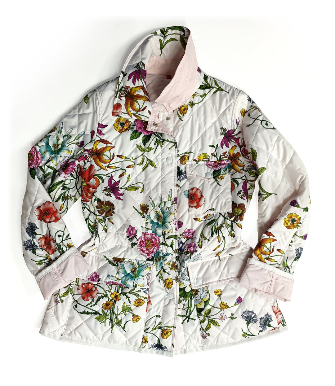 Landi Quilted Botanical Print Jacket in White & Multi - Mildred Hoit