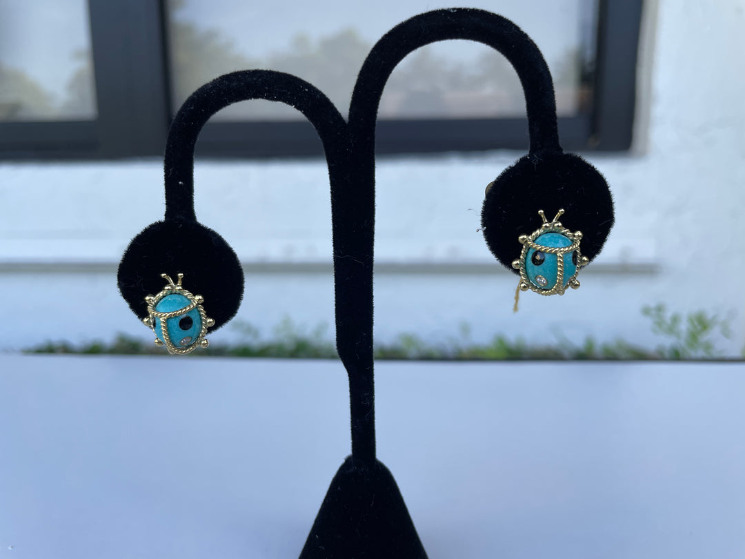 Lady Bug Earrings in Turquoise, Onyx, and Diamond - Mildred Hoit