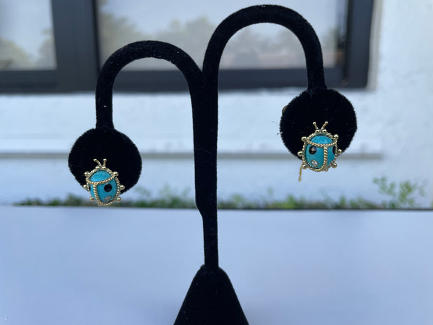 Lady Bug Earrings in Turquoise, Onyx, and Diamond