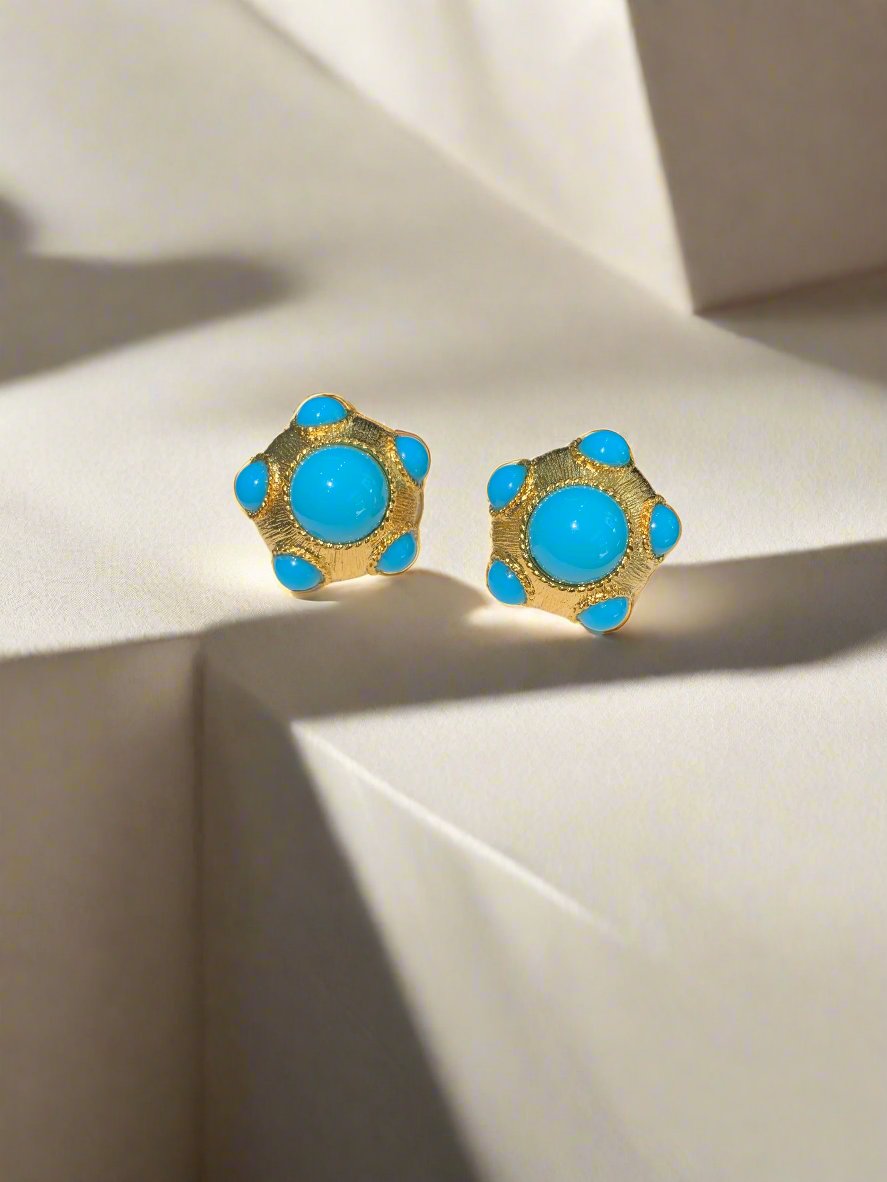 Kenneth Jay Lane Turquoise and Gold Cab Earrings - Mildred Hoit