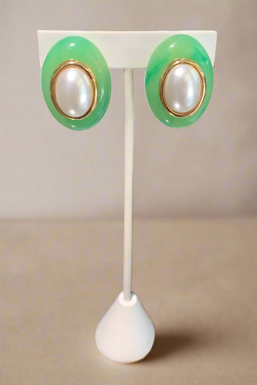 Kenneth Jay Lane Jade with Pearl Oval Earrings - Mildred Hoit