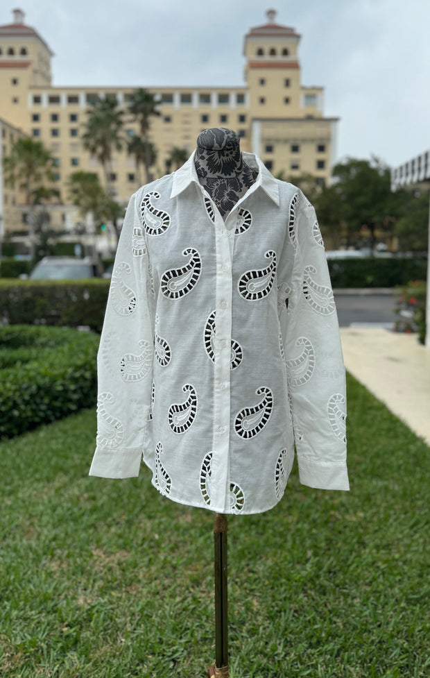 Ravel White Eyelet Button Down Blouse available at Mildred Hoit in Palm Beach.