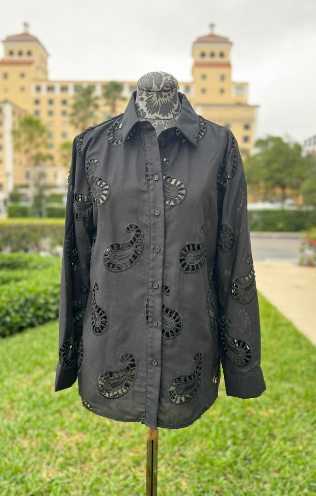 Ravel Black Eyelet Button Down Blouse available at Mildred Hoit in Palm Beach.