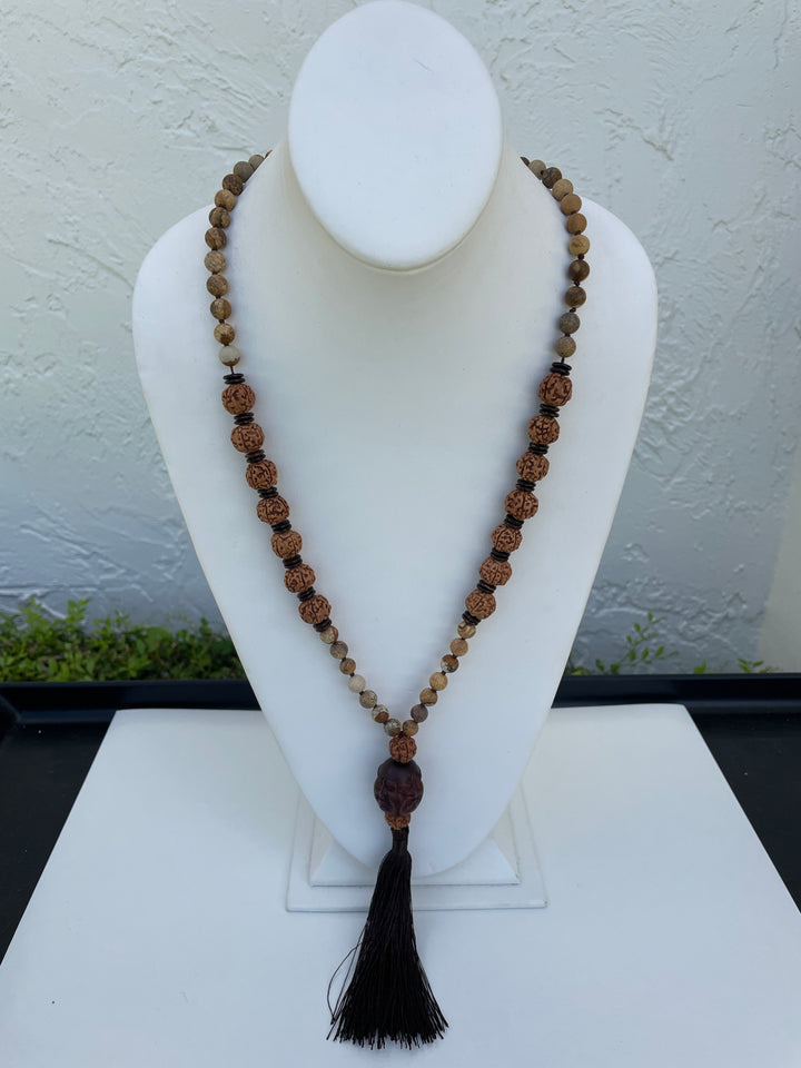 Buddha Wood Necklace with Black Tassel - Mildred Hoit