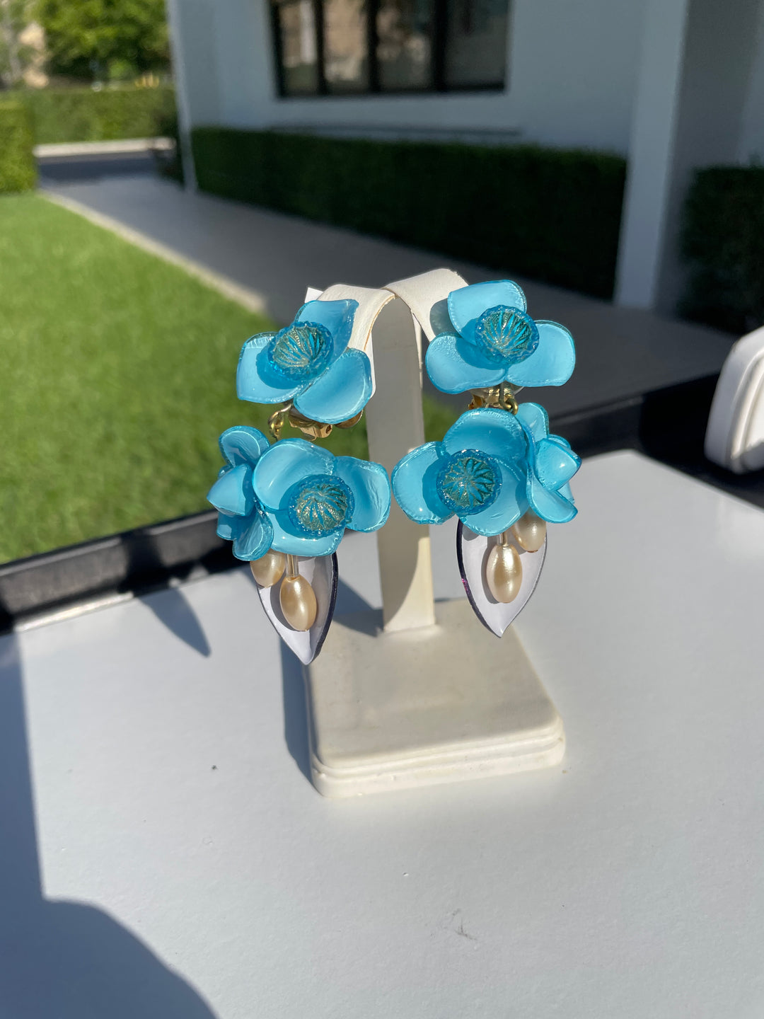 French Givre Large Drop Clip Earrings in Turquoise - Mildred Hoit