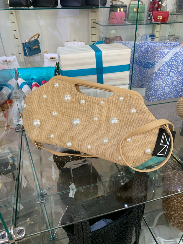 Inzi Straw Bag with Pearl Detail available at Mildred Hoit in Palm Beach.