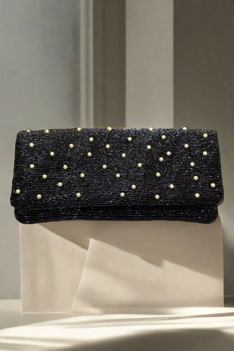 Long Beaded Clutch Bag in Black with Pearls - Mildred Hoit