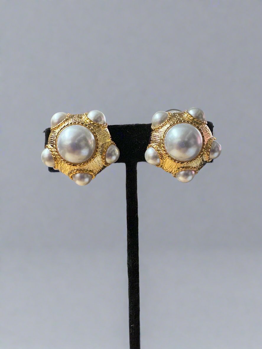 Kenneth Jay Lane Pearl and Gold Cabochon Earrings