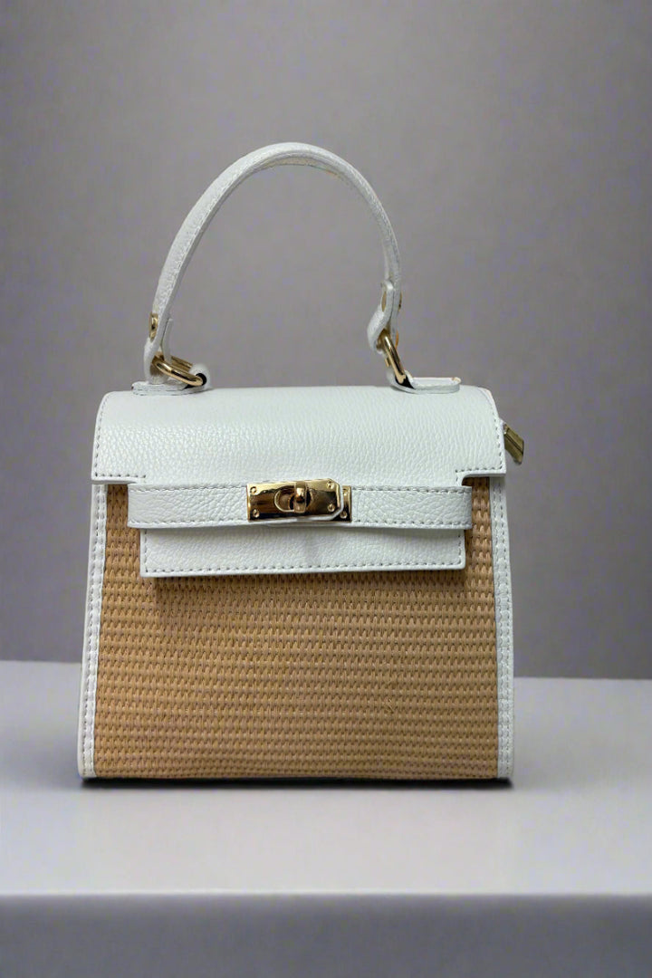 White Leather and Rattan Handbag