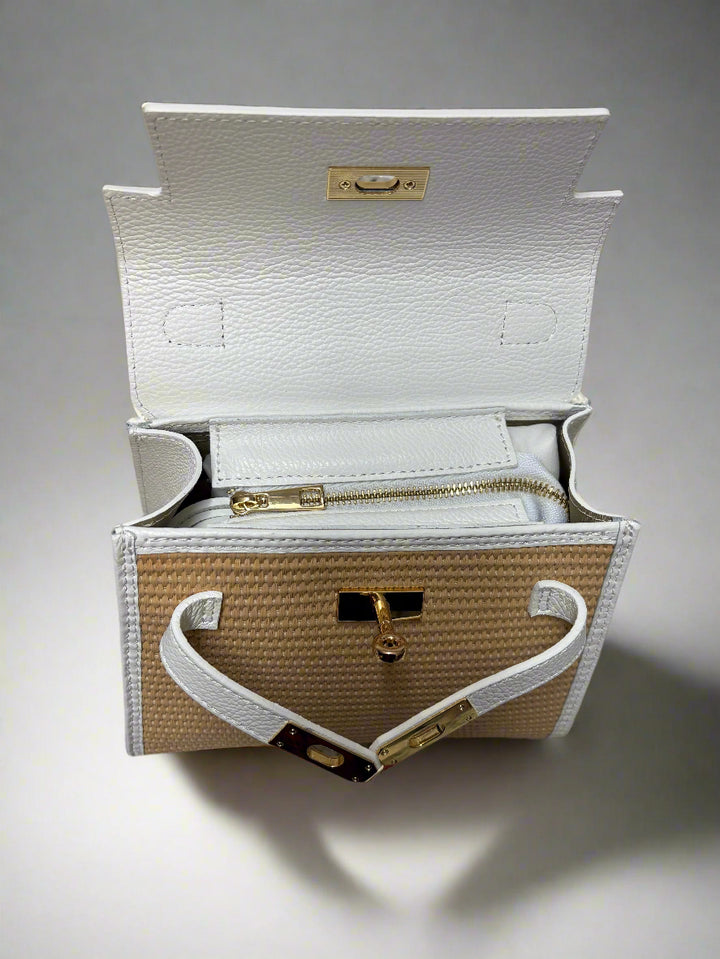 White Leather and Rattan Handbag