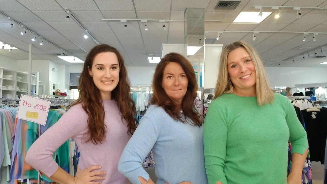 Elle, Renee, and Jane in Mary G. Cashmere Sweaters available at Mildred Hoit in Palm Beach.