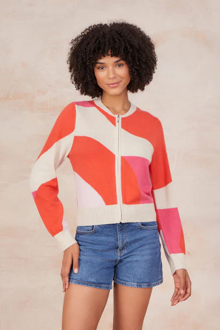 Zip-Up Colorblock Sweater in Watermelon available at Mildred Hoit in Palm Beach.