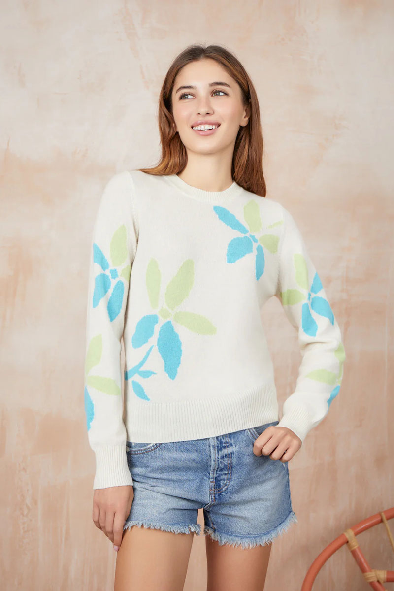 Aqua Floral Long Sleeve Sweater - Mildred Hoit