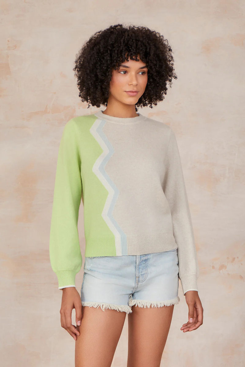 Lighting Stripe Crew Sweater in Lime and Beige available at Mildred Hoit in Palm Beach.