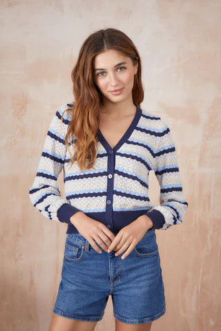 Cotton Navy Striped Cardigan Sweater - Mildred Hoit