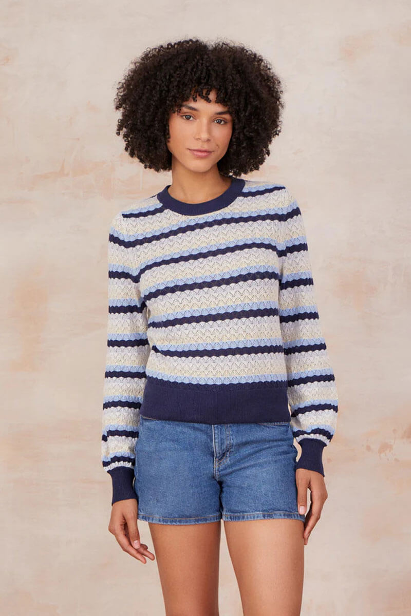 Cotton Navy Striped Crewneck Sweater - Mildred Hoit