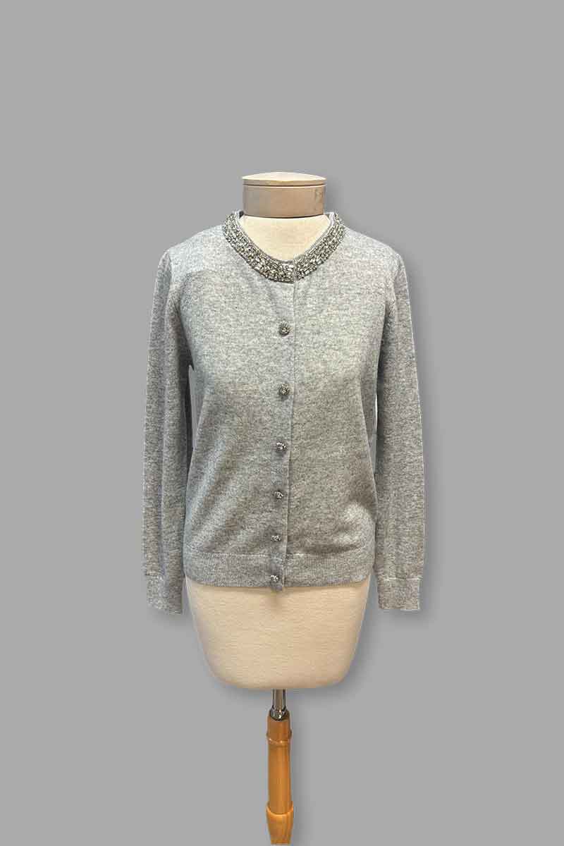 In Cashmere Embellished Cardigan in Light Heathered Grey