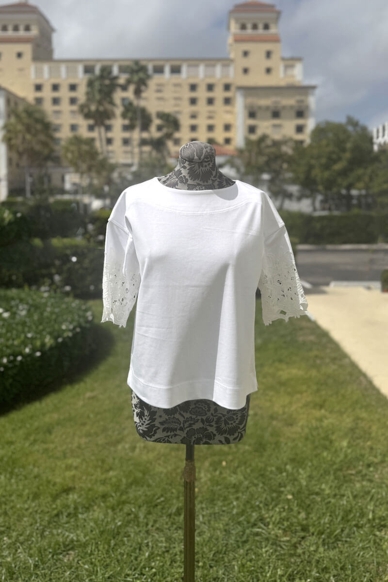 White Top with Lace Sleeve Detail - Mildred Hoit