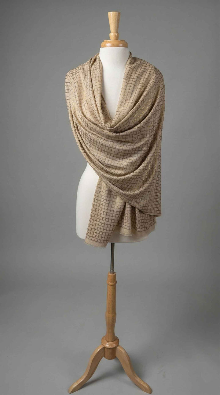 K Janavi Check and Lines Stole in Brown Rice - Mildred Hoit