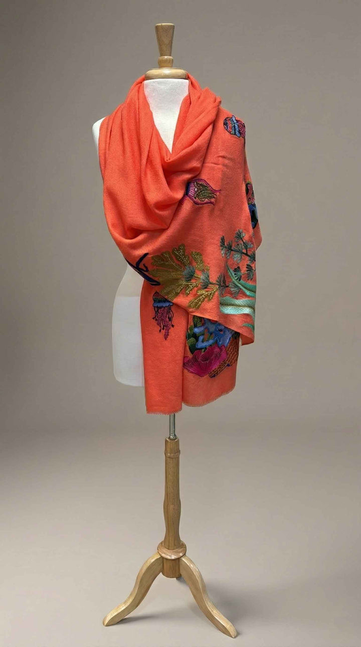 K Janavi Coral Couture Stole in Coral Multi - Mildred Hoit
