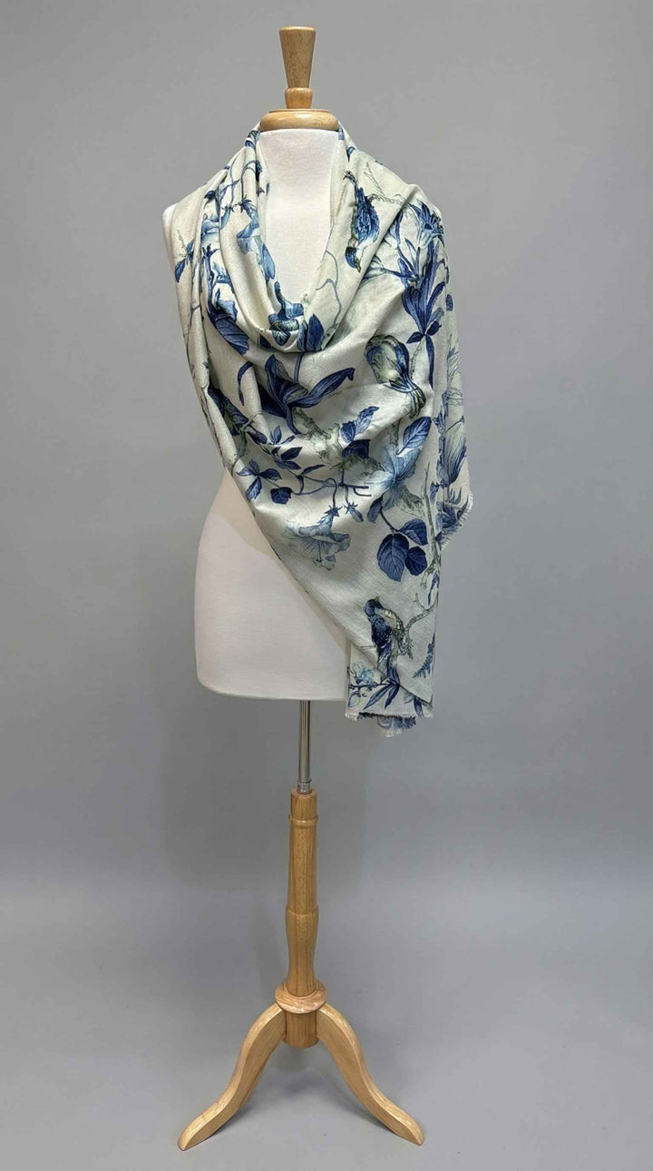 K Janavi Birdsong Flora Stole in Ivory & Blue Combo - Mildred Hoit