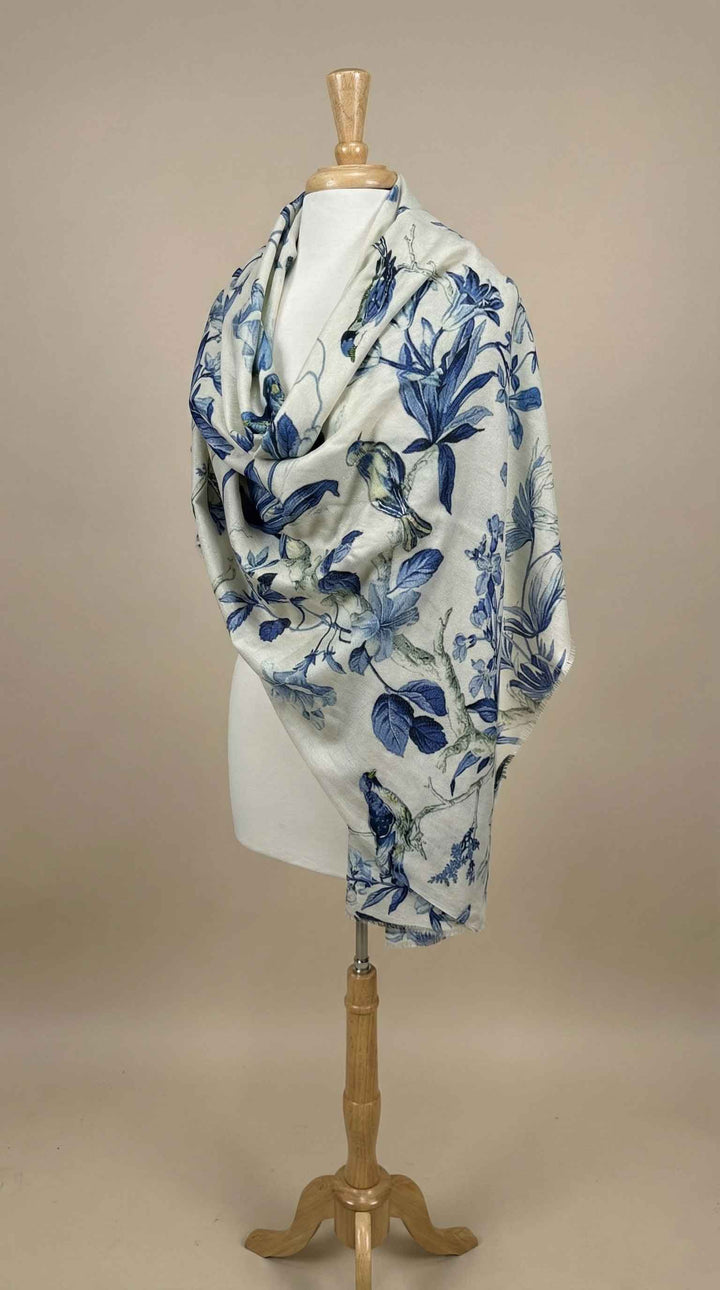 K Janavi Birdsong Flora Stole in Ivory & Blue Combo - Mildred Hoit
