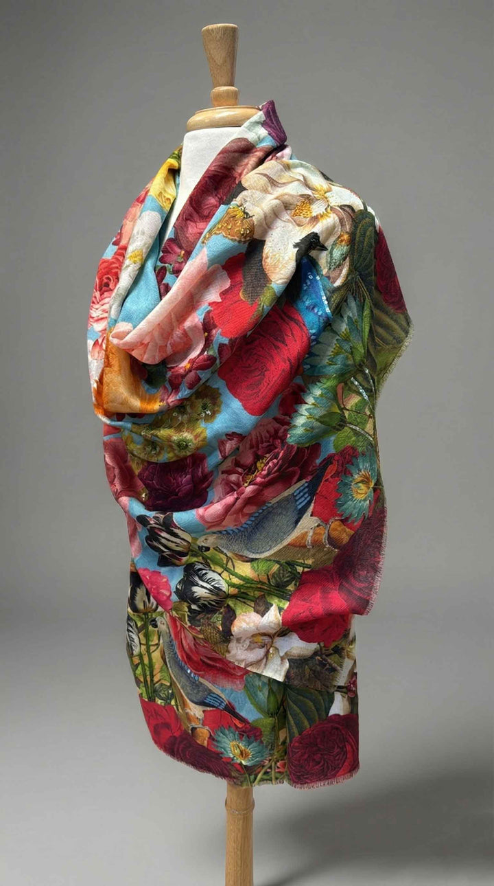 K Janavi Secret Garden Stole in Turquoise Multi - Mildred Hoit