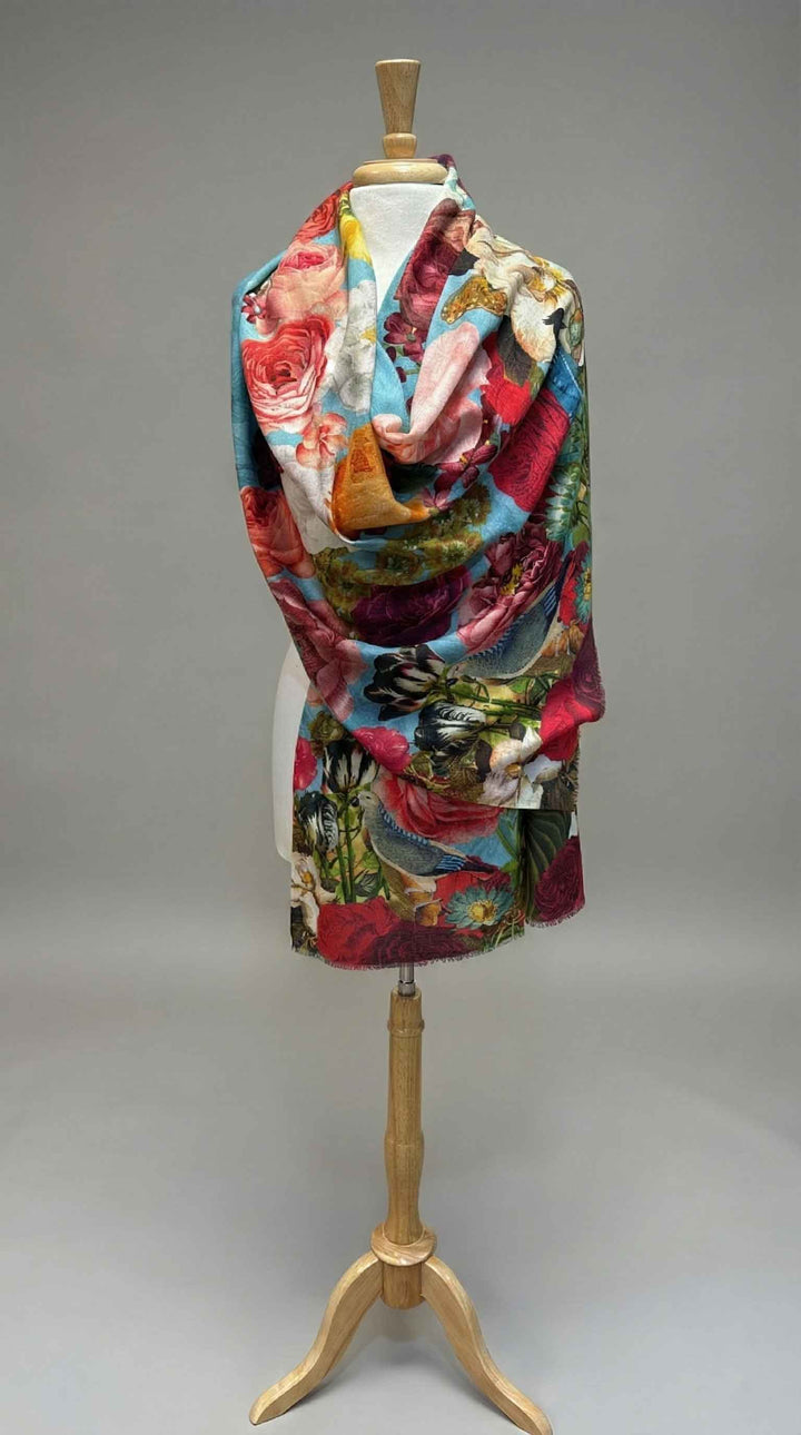 K Janavi Secret Garden Stole in Turquoise Multi - Mildred Hoit