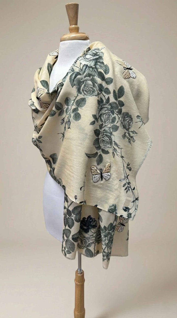 K Janavi Vintage Wings Stole in Beige Combo