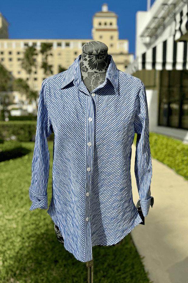 Diagonal Striped Blouse in Indigo and White available at Mildred Hoit in Palm Beach.