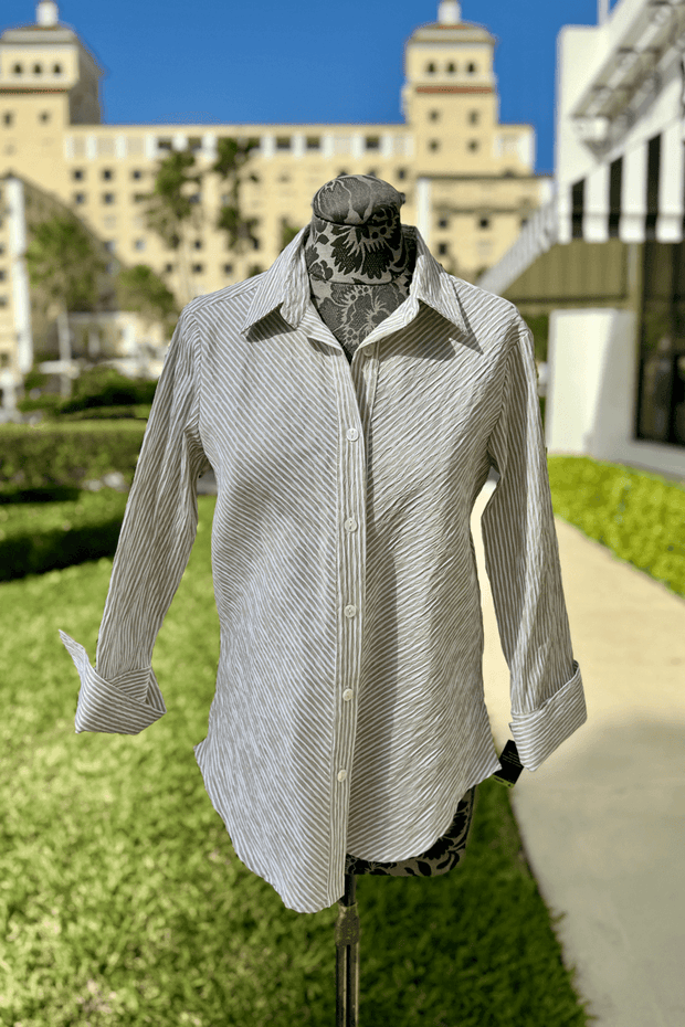 Diagonal Striped Blouse in Wheat and White available at Mildred Hoit in Palm Beach.