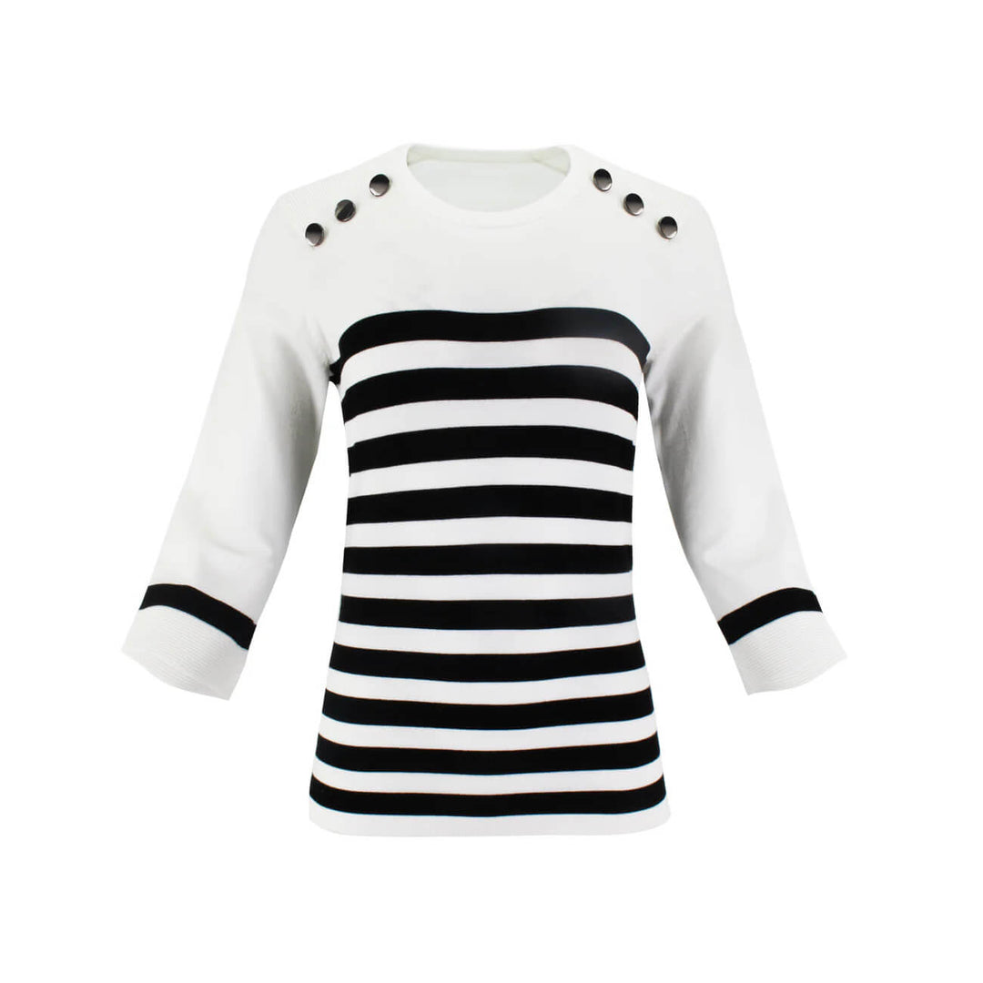 J'envie Shoulder Buttoned Top in White & Black - Mildred Hoit