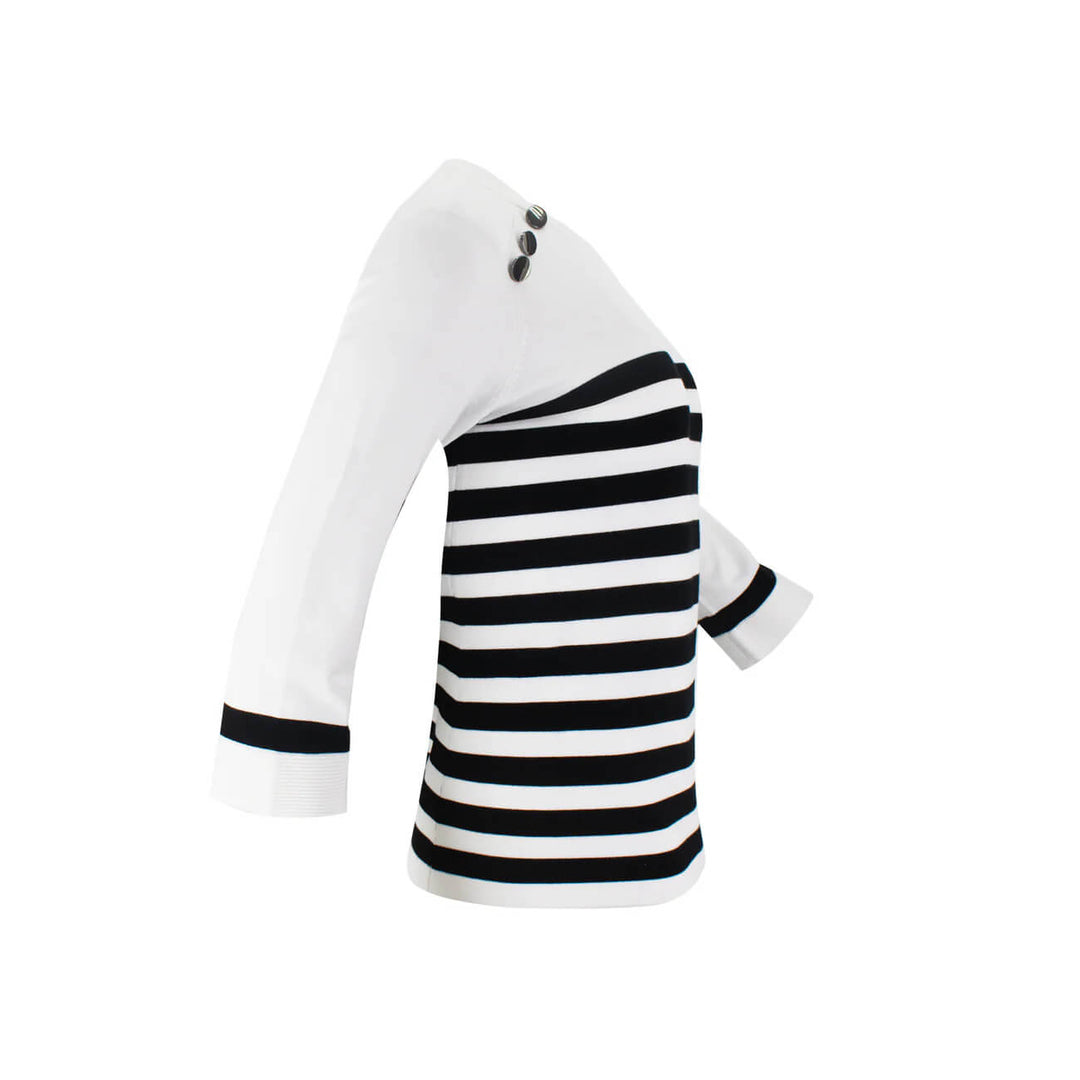 J'envie Shoulder Buttoned Top in White & Black - Mildred Hoit
