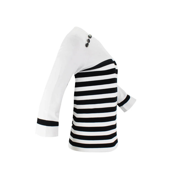 J'envie Shoulder Buttoned Top in White & Black - Mildred Hoit