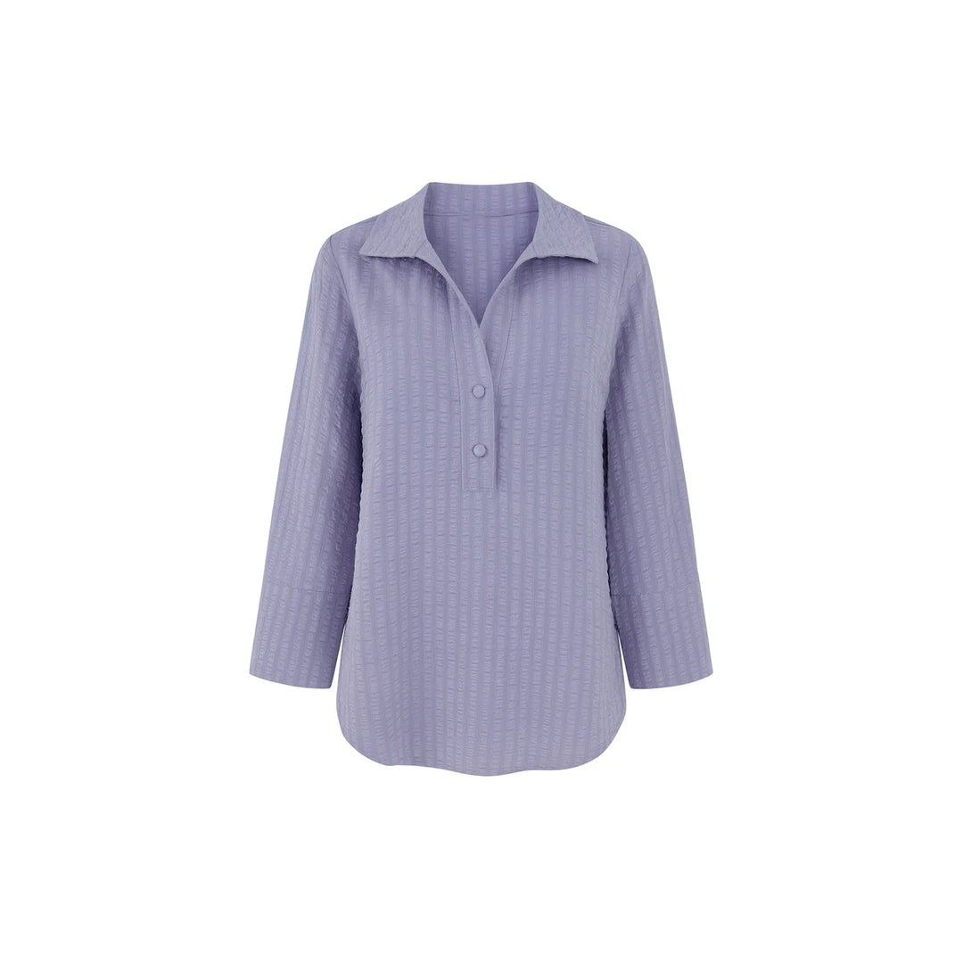 J'envie Odyssey Pop-Over Collared Blouse in Chambray - Mildred Hoit