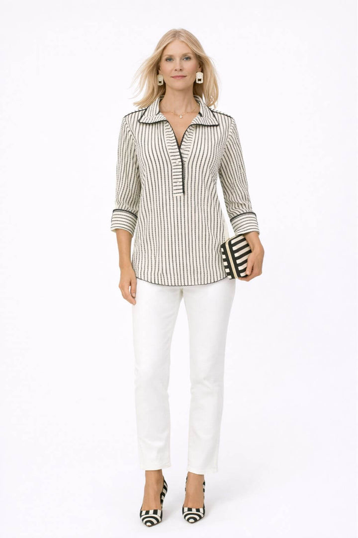 J'envie Collared Calypso Tunic in White & Black - Mildred Hoit