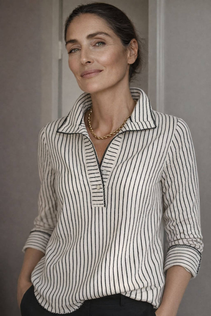 J'envie Collared Calypso Tunic in White & Black - Mildred Hoit