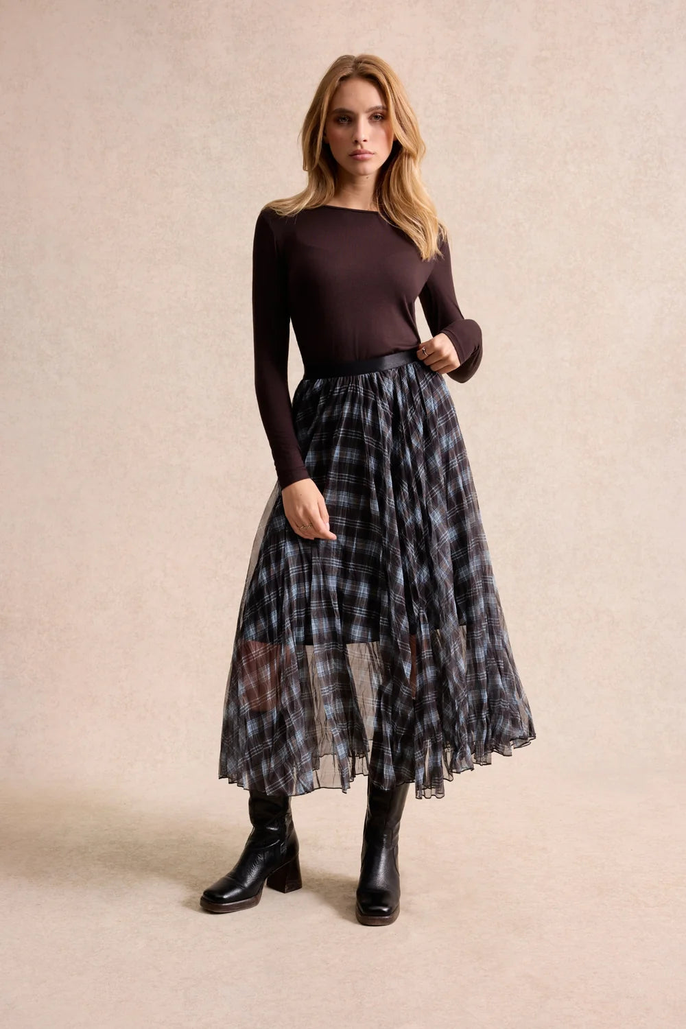 Leo & Ugo Plaid Skirt in Brown & Blue