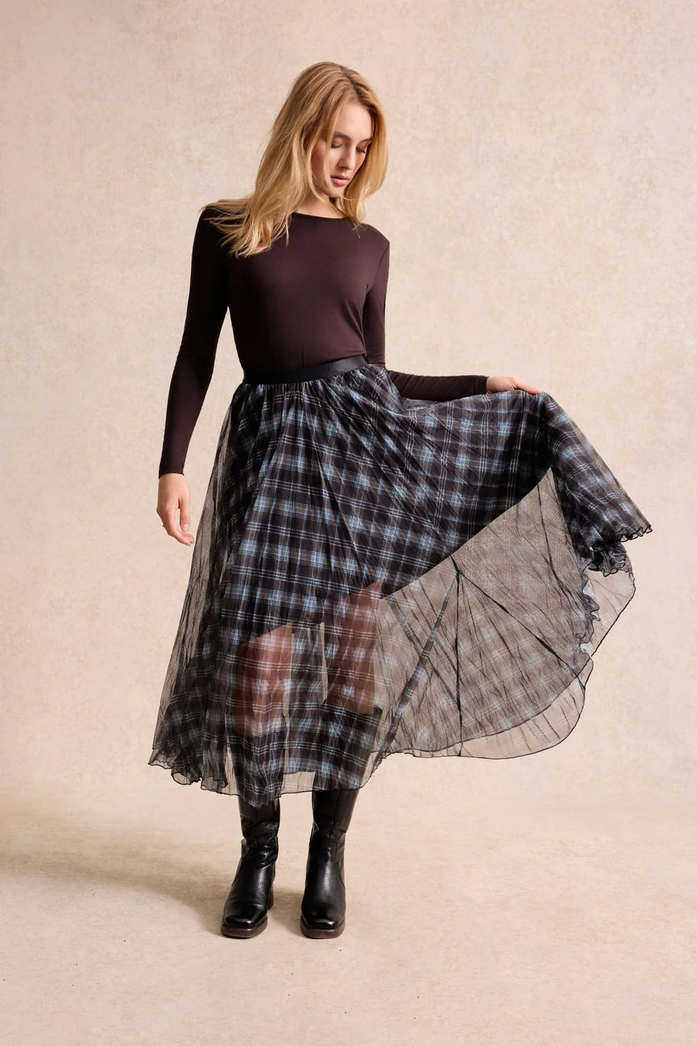 Leo & Ugo Plaid Skirt in Brown & Blue