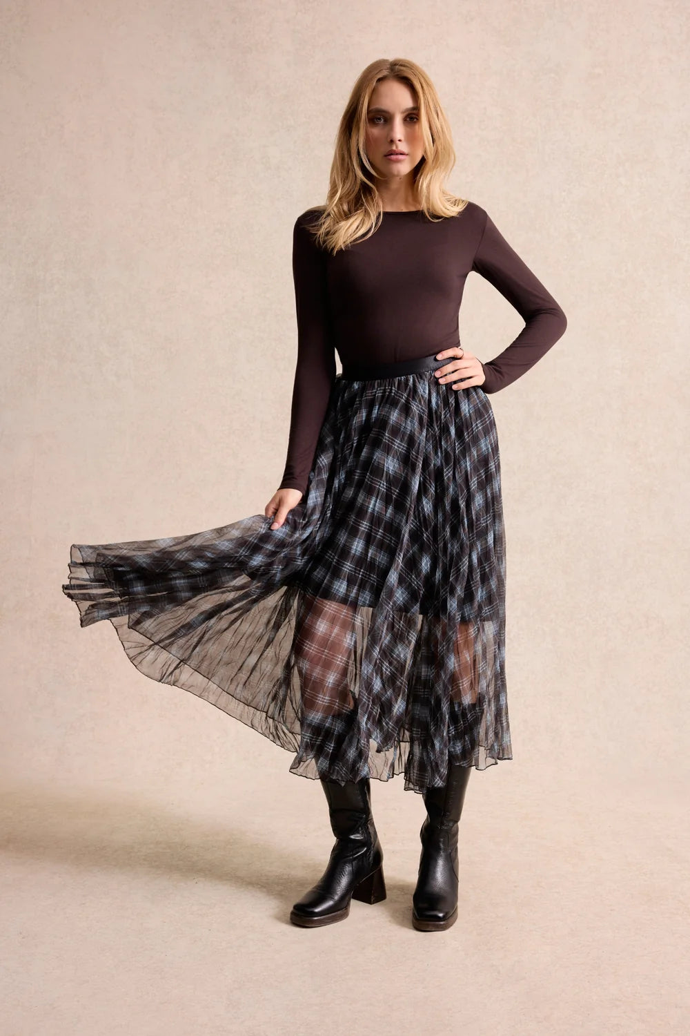 Leo & Ugo Plaid Skirt in Brown & Blue