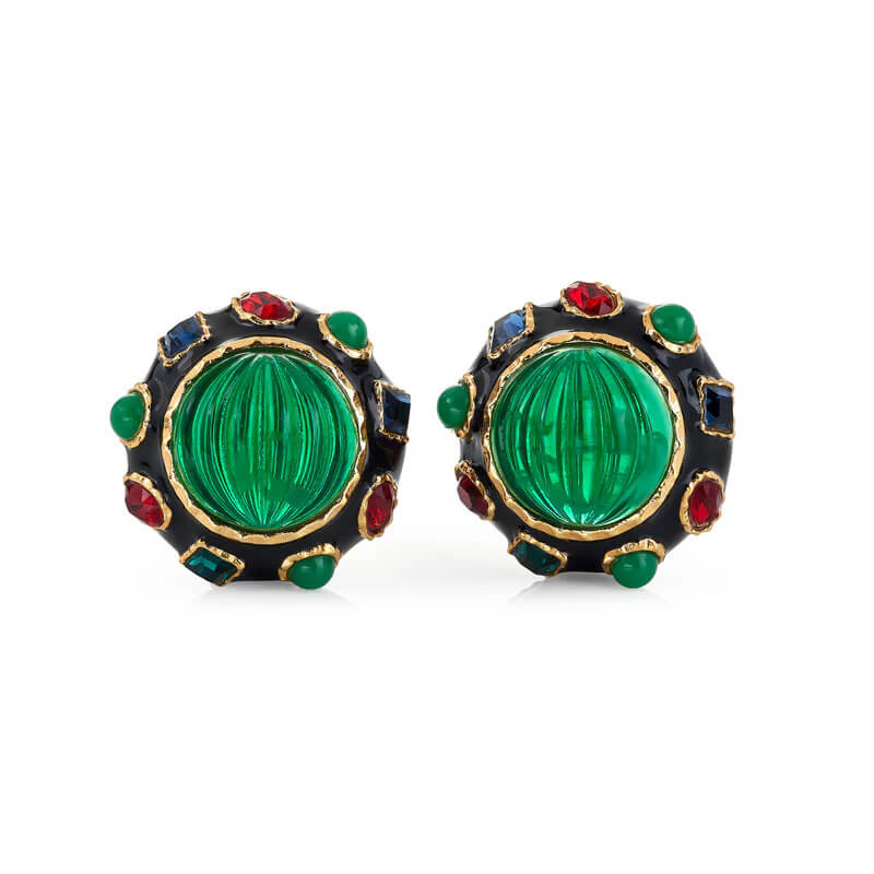 Kenneth Jay Lane Multi Gem Buttons Clip Earrings