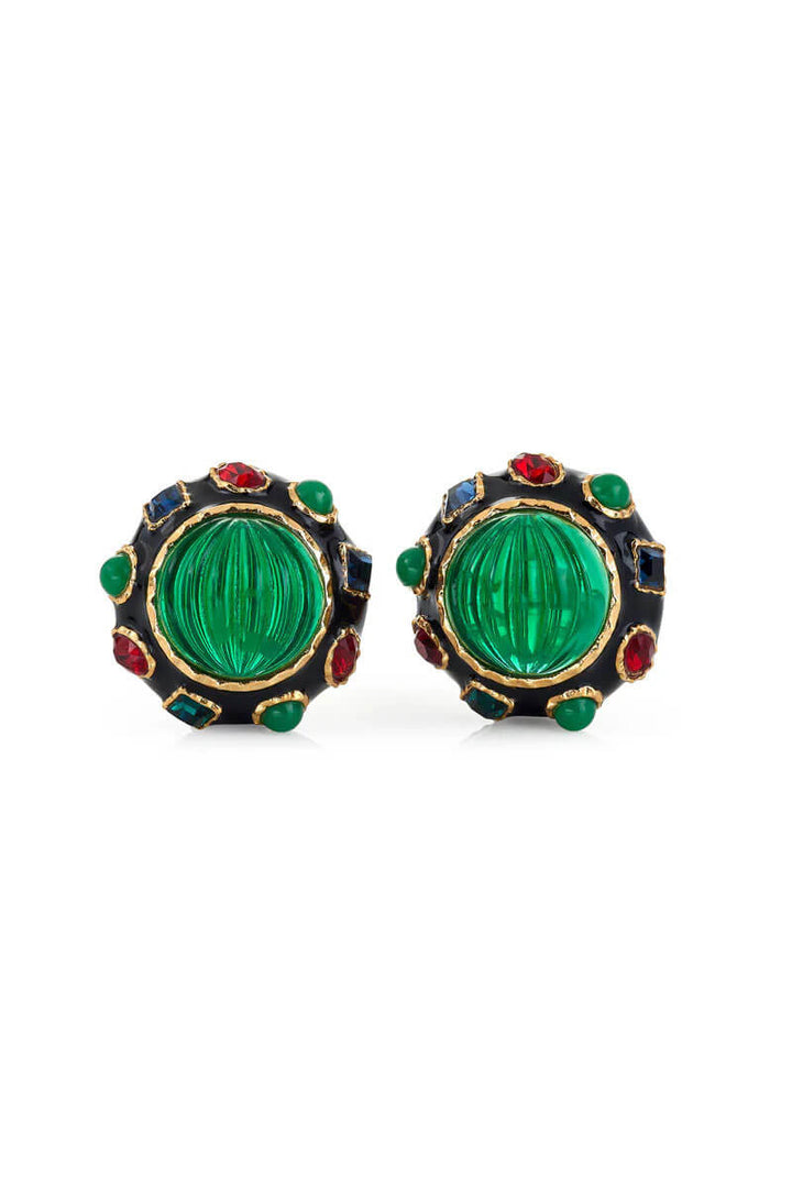 Kenneth Jay Lane Multi Gem Buttons Clip Earrings