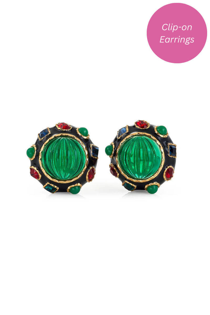 Kenneth Jay Lane Multi Gem Buttons Clip Earrings