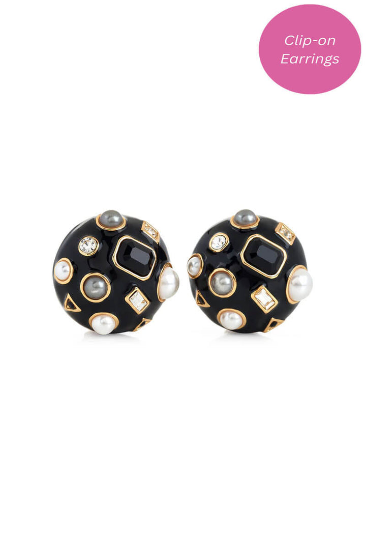 Kenneth Jay Lane Gold, Black, Crystal Domed Earrings