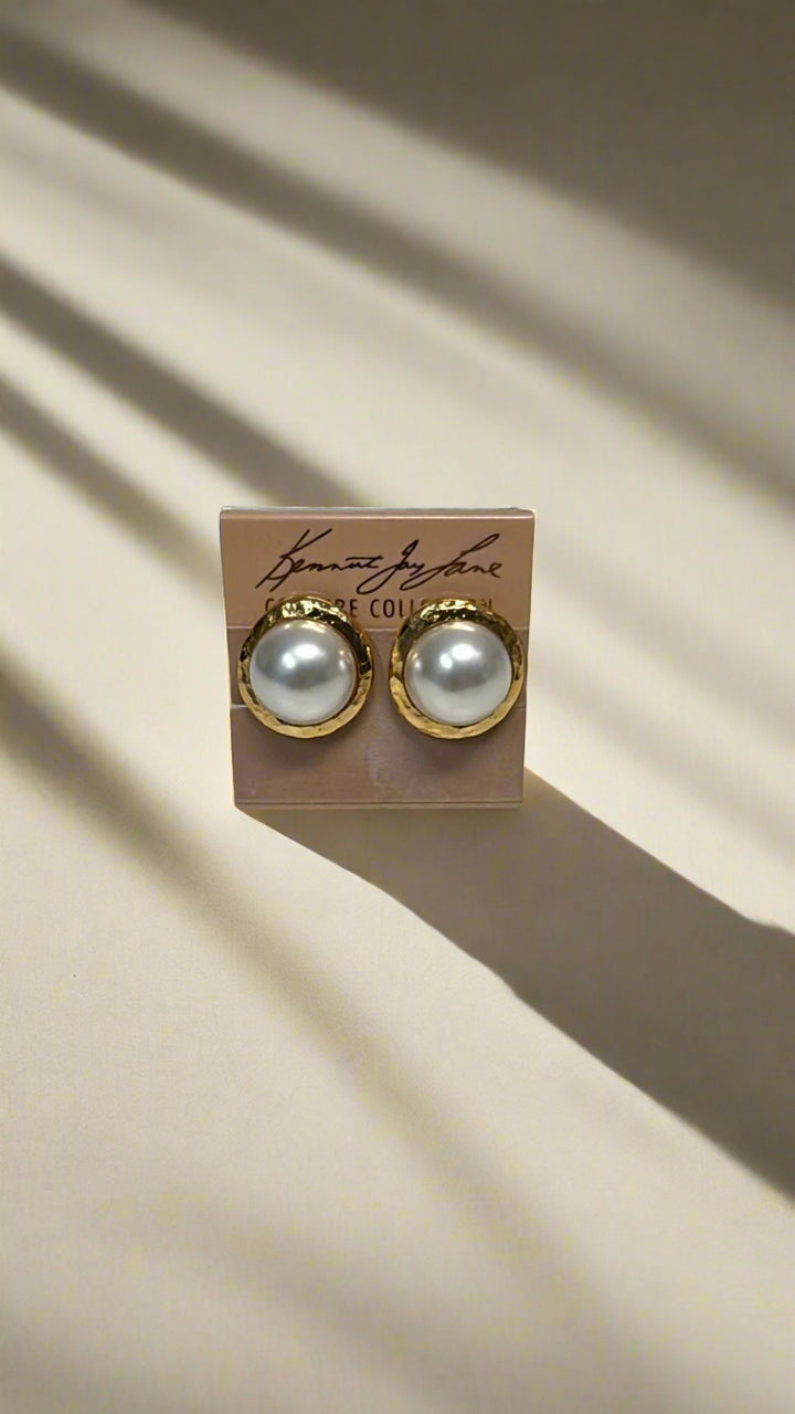 Kenneth Jay Lane Gold Button Clip Earring with White Pearl - Mildred Hoit
